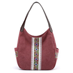 Embroidered Canvas Shoulder Bag Zipper Printed Women Handbag