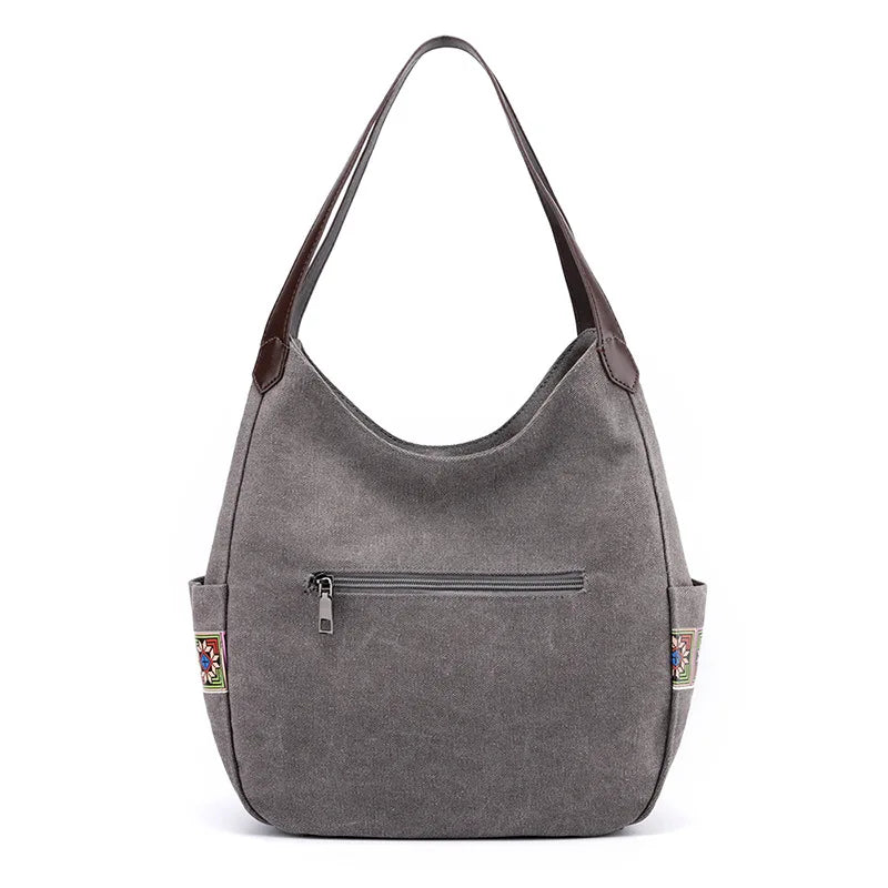 Embroidered Canvas Shoulder Bag Zipper Printed Women Handbag