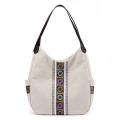 Embroidered Canvas Shoulder Bag Zipper Printed Women Handbag