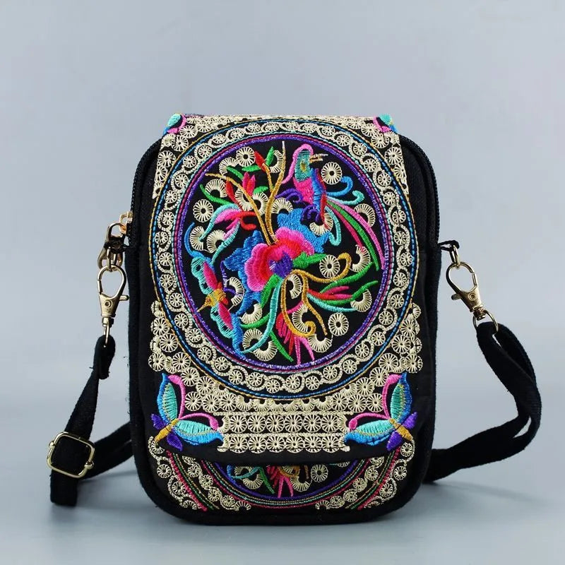 Vintage Embroidered Crossbody Zip Bag, Women Shoulder Bag