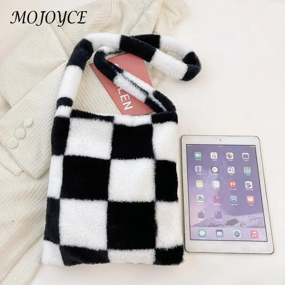 Plush Lattice Print Crossbody Bag for Winter