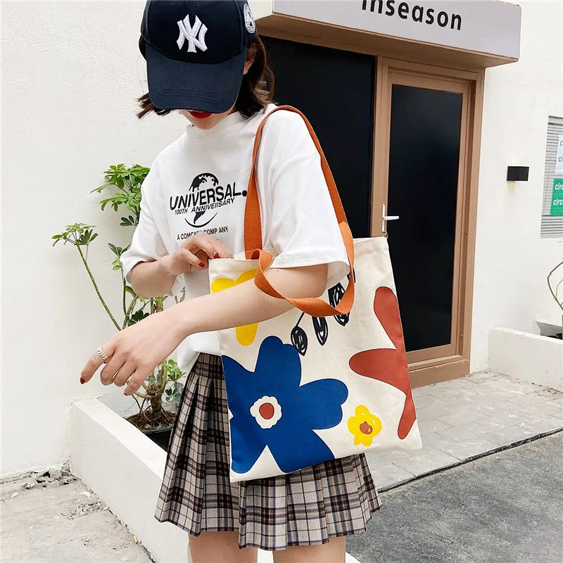 Canvas Floral Printed Shoulder Bag Zipper Satchel