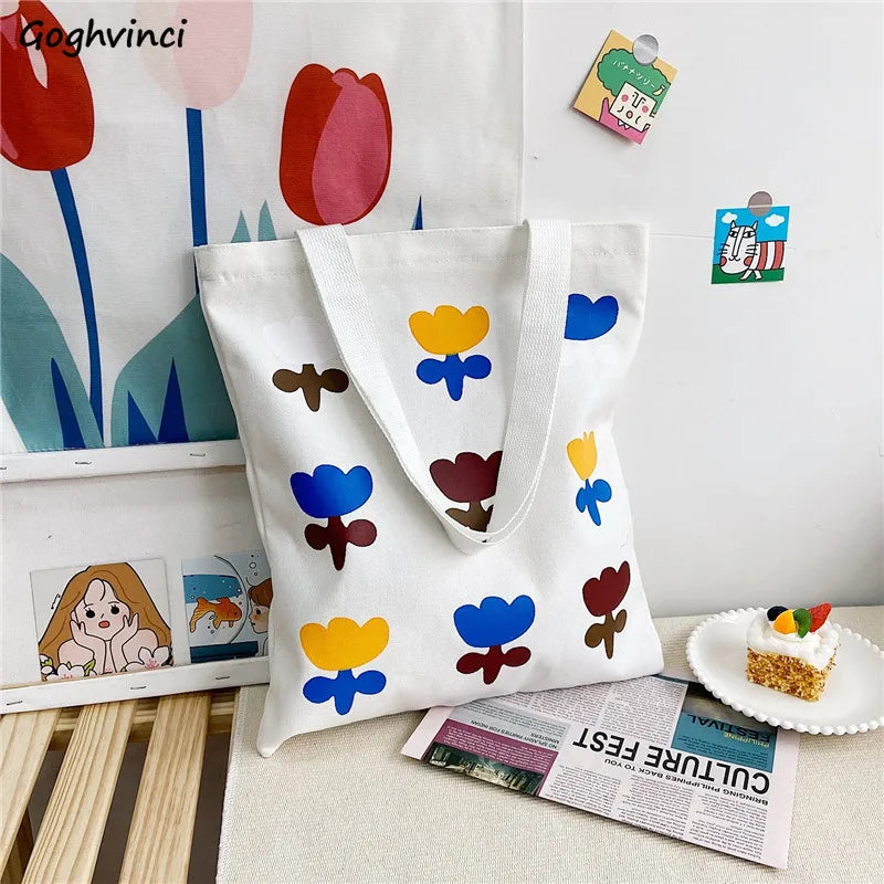 Canvas Floral Printed Shoulder Bag Zipper Satchel
