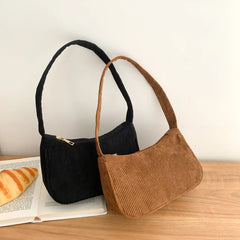 Casual Corduroy Shoulder Bag for Women Travel Portable Handbag