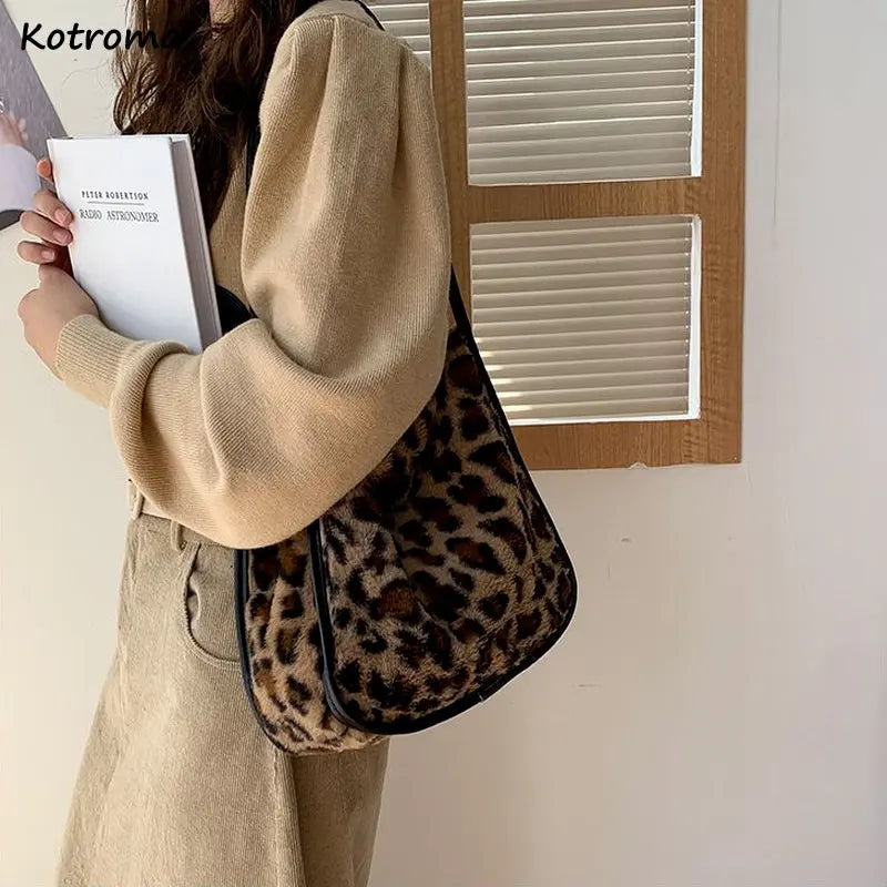 Leopard Plush Shoulder Bag Large Capacity Soft Fluffy Autumn Winter Handbag