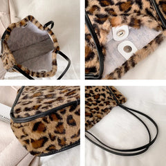 Leopard Plush Shoulder Bag Large Capacity Soft Fluffy Autumn Winter Handbag