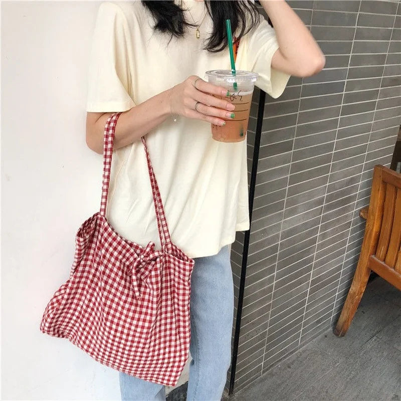 Plaid Cotton Totes Bag Large Capacity Shopper Foldable Eco