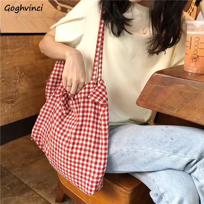 Plaid Cotton Totes Bag Large Capacity Shopper Foldable Eco