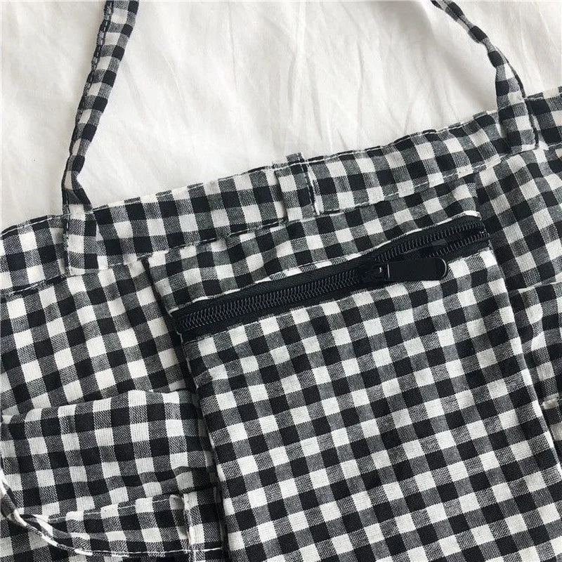 Plaid Cotton Totes Bag Large Capacity Shopper Foldable Eco