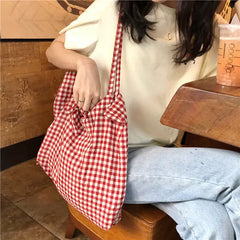 Plaid Cotton Totes Bag Large Capacity Shopper Foldable Eco