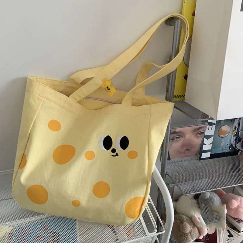 Yellow Canvas Shoulder Bag Sweet Preppy Style Students Casual Tote Bag