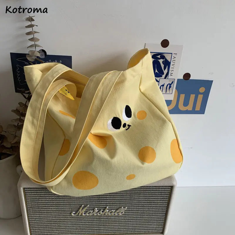Yellow Canvas Shoulder Bag Sweet Preppy Style Students Casual Tote Bag