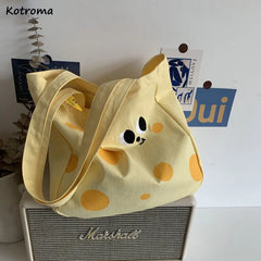 Yellow Canvas Shoulder Bag Sweet Preppy Style Students Casual Tote Bag