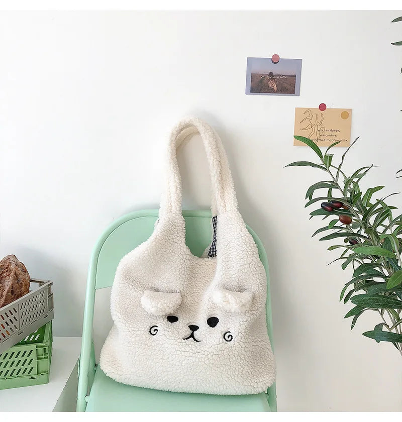 Fluffy Fur Shoulder Bag Lamb Fabric Embroidery Shopper Tote