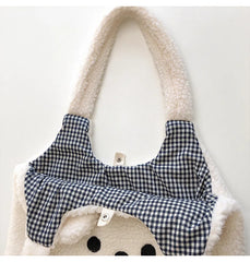 Fluffy Fur Shoulder Bag Lamb Fabric Embroidery Shopper Tote