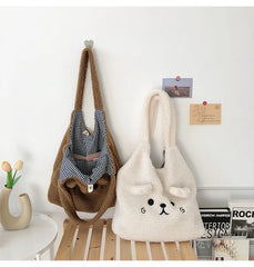 Fluffy Fur Shoulder Bag Lamb Fabric Embroidery Shopper Tote