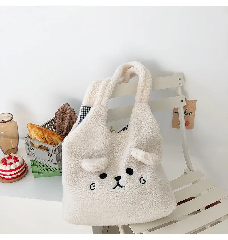 Fluffy Fur Shoulder Bag Lamb Fabric Embroidery Shopper Tote