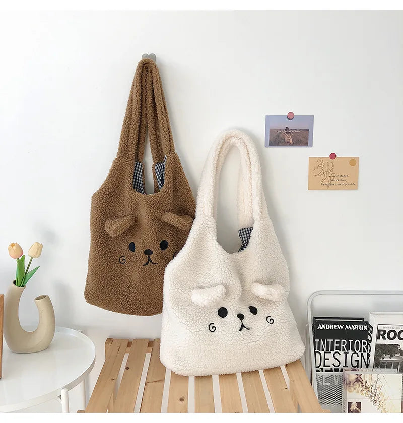 Fluffy Fur Shoulder Bag Lamb Fabric Embroidery Shopper Tote