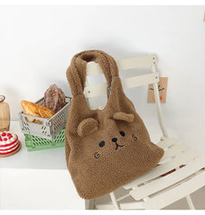 Fluffy Fur Shoulder Bag Lamb Fabric Embroidery Shopper Tote