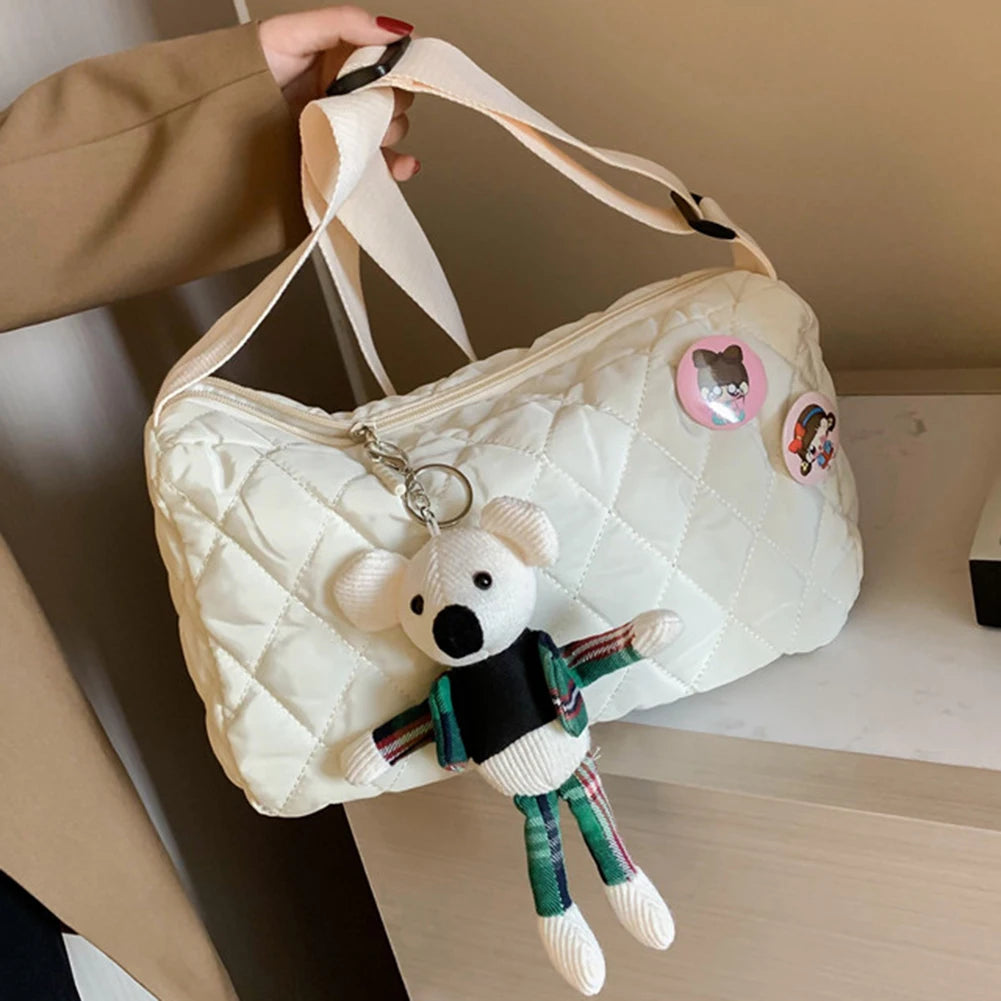 Quilted Crossbody Handbag Cotton Padded Shoulder Bag with Bear Pendant
