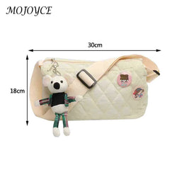 Quilted Crossbody Handbag Cotton Padded Shoulder Bag with Bear Pendant