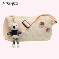 Quilted Crossbody Handbag Cotton Padded Shoulder Bag with Bear Pendant