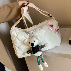 Quilted Crossbody Handbag Cotton Padded Shoulder Bag with Bear Pendant