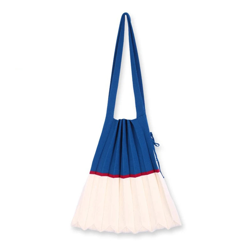 Women Casual Pleat Foldable Shoulder Bag Knitting Stitching Handbag