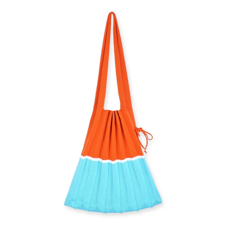 Women Casual Pleat Foldable Shoulder Bag Knitting Stitching Handbag