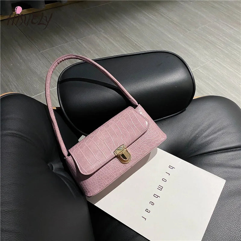 Small Brown Retro Underarm Bag Stone Pattern Shoulder Pink Leather Bag