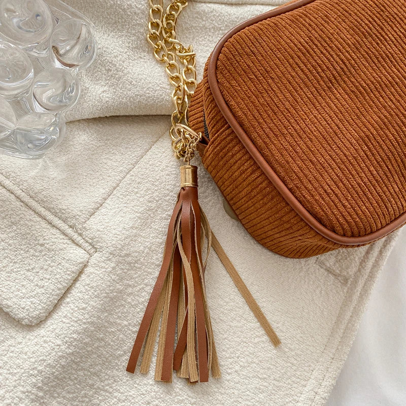 Corduroy Small Flap Bag Tote Handbag Chains Shoulder Crossbody Bag