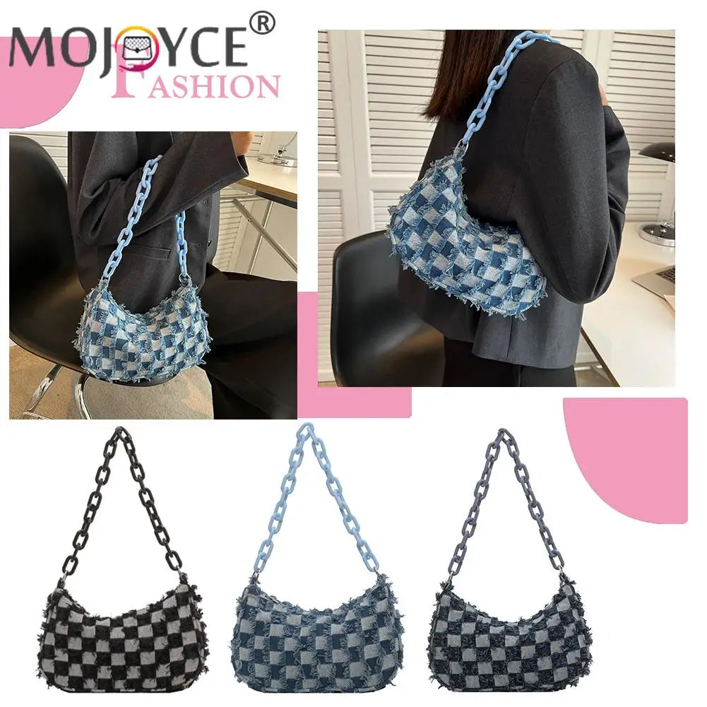 Checked Acrylic Chain Top Handle Shoulder Bag for Women