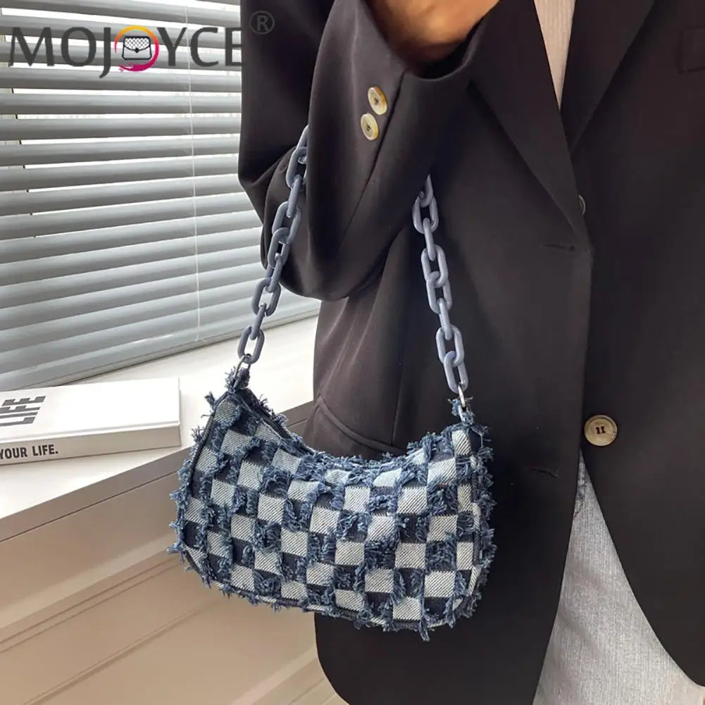 Checked Acrylic Chain Top Handle Shoulder Bag for Women