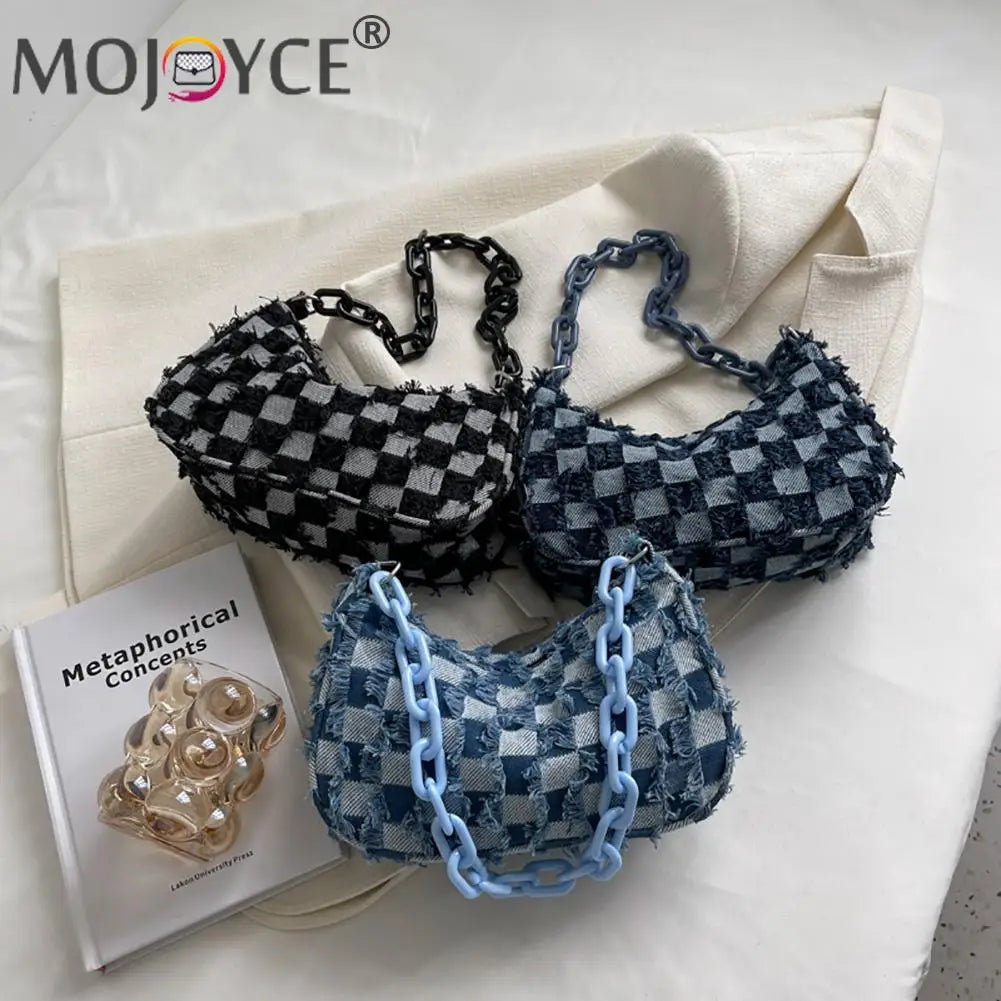 Checked Acrylic Chain Top Handle Shoulder Bag for Women