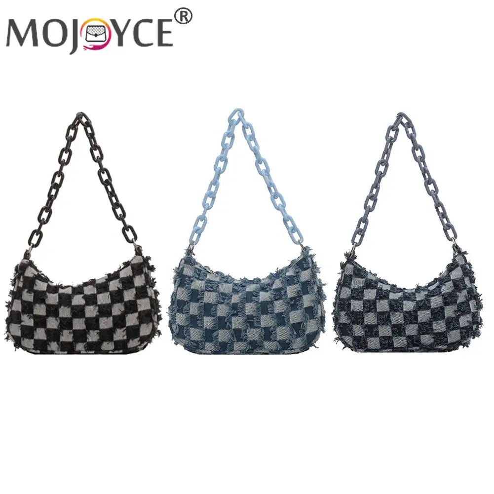 Checked Acrylic Chain Top Handle Shoulder Bag for Women
