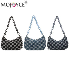 Checked Acrylic Chain Top Handle Shoulder Bag for Women