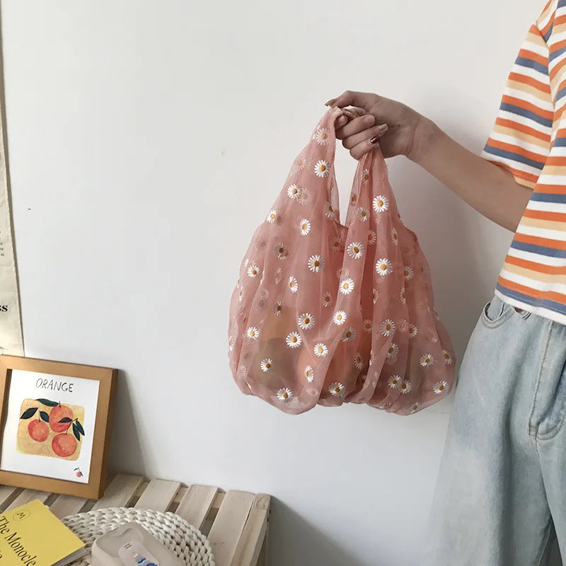 Women's Mesh Cloth Daisy Embroidery Handbag