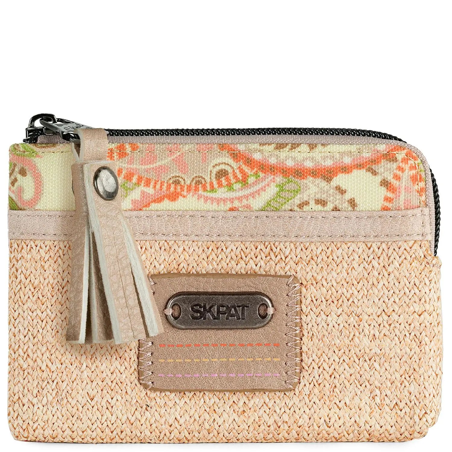 Women's Small Wallet with Raffia & PU Leather Details, Daily Use
