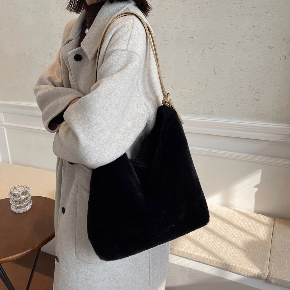 Soft Plush Double Strap Shoulder Bag Winter Warm Faux Fur Shopping Bag