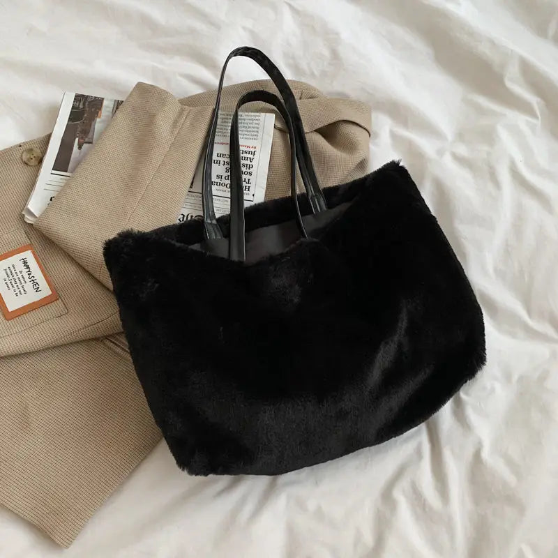 Women Soft Plush Handbags Faux Fur Solid Shopper Bags Winter Travel Bag