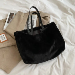 Women Soft Plush Handbags Faux Fur Solid Shopper Bags Winter Travel Bag