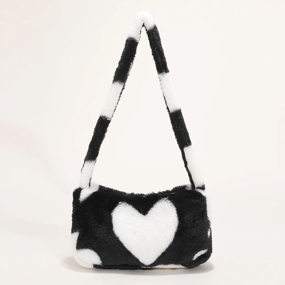 Women Plush Small Shoulder Bag Heart Print Handbags
