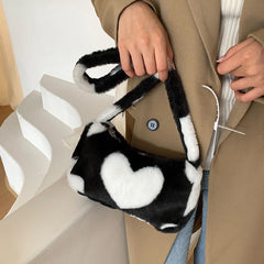 Women Plush Small Shoulder Bag Heart Print Handbags