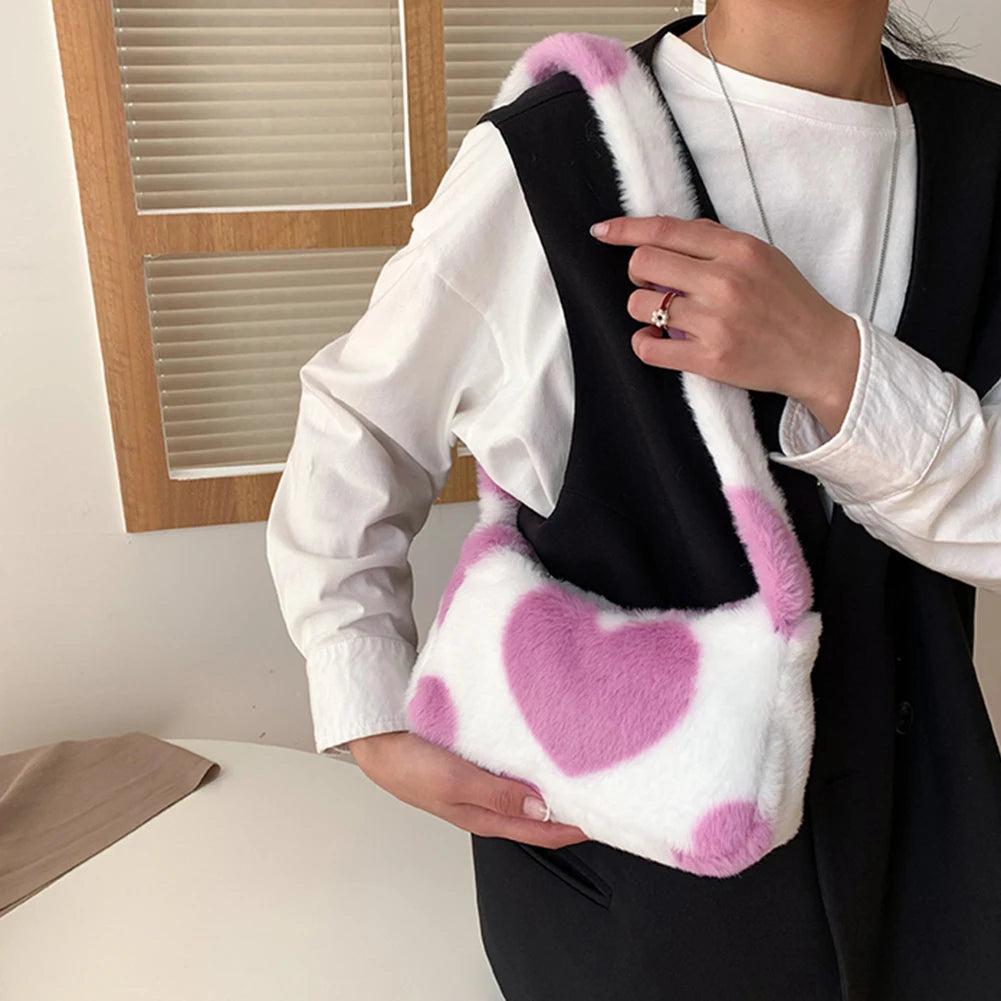 Women Plush Small Shoulder Bag Heart Print Handbags