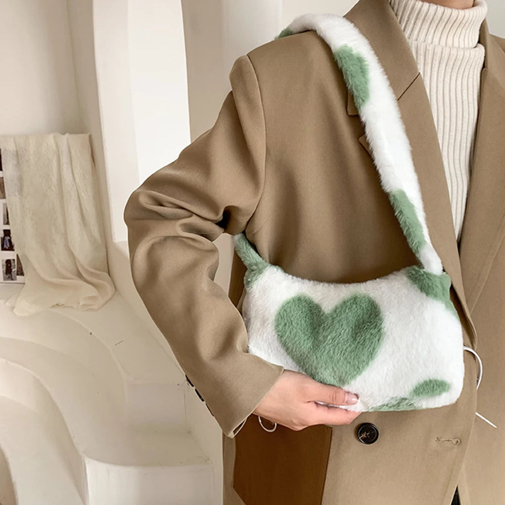 Women Plush Small Shoulder Bag Heart Print Handbags