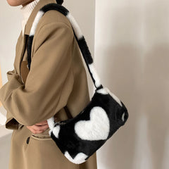 Women Soft Warm Plush Shoulder Bag Heart Print Handbags