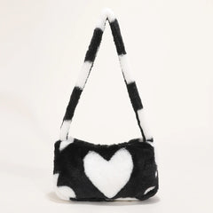 Women Soft Warm Plush Shoulder Bag Heart Print Handbags