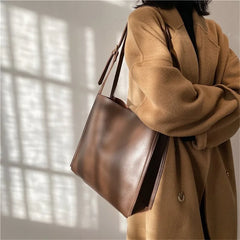 Solid Leather Shoulder Handbags Large Capacity Ladies Shopper Bags