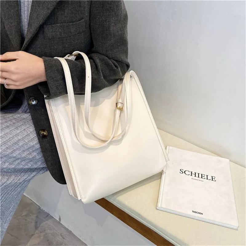 Solid Leather Shoulder Handbags Large Capacity Ladies Shopper Bags