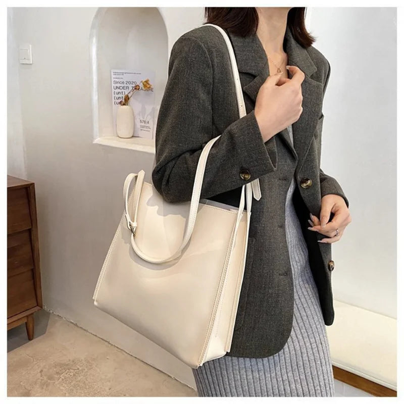 Solid Leather Shoulder Handbags Large Capacity Ladies Shopper Bags